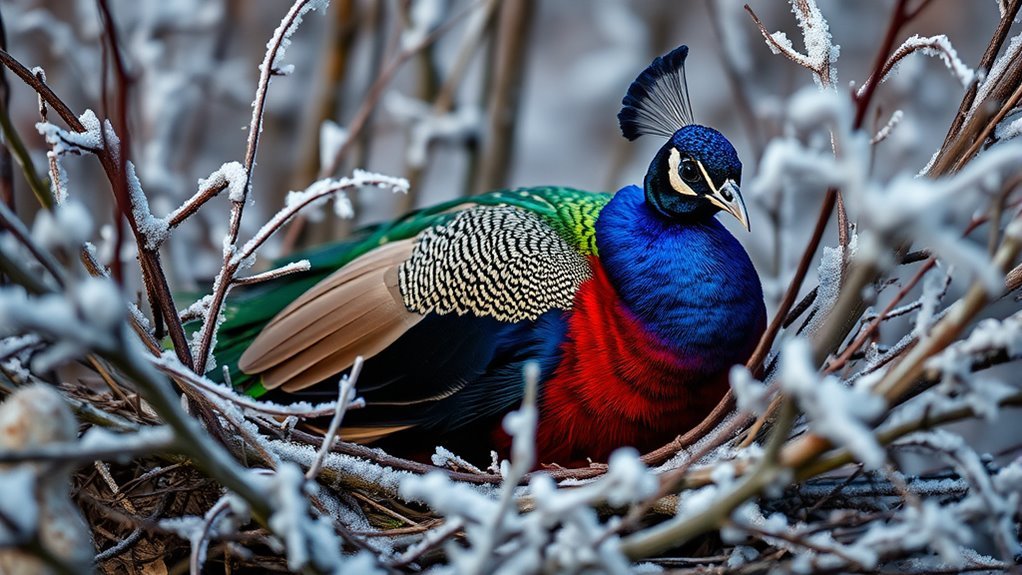peacocks seek shelter outdoors